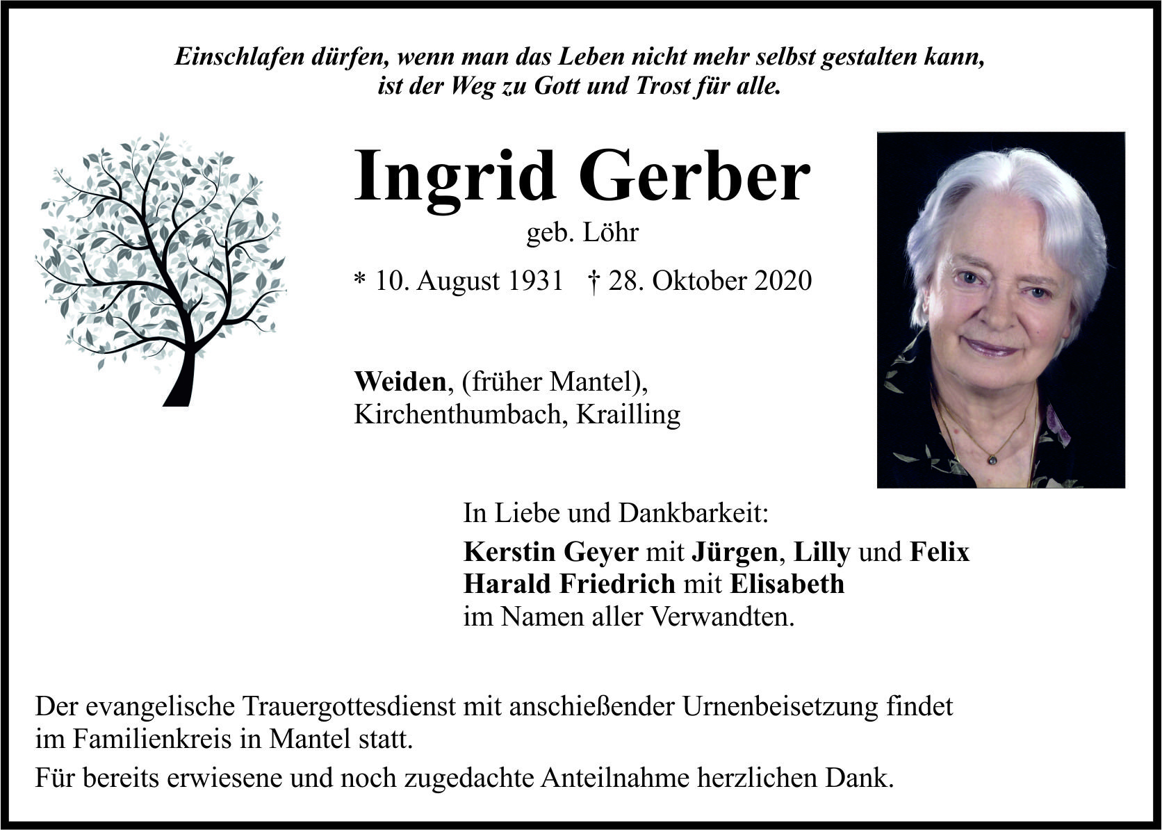 Traueranzeige Ingrid Gerber, Weiden