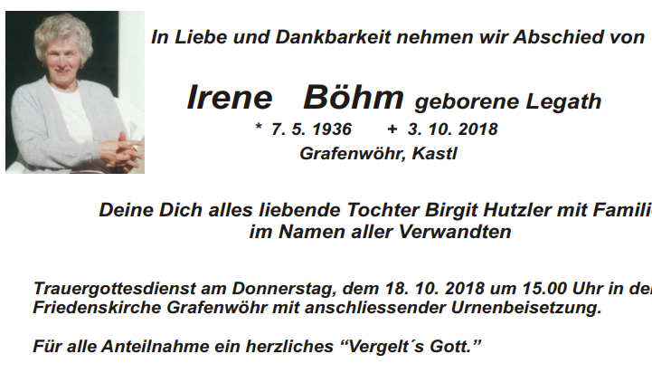 Traueranzeige Irene Böhm Grafenwöhr