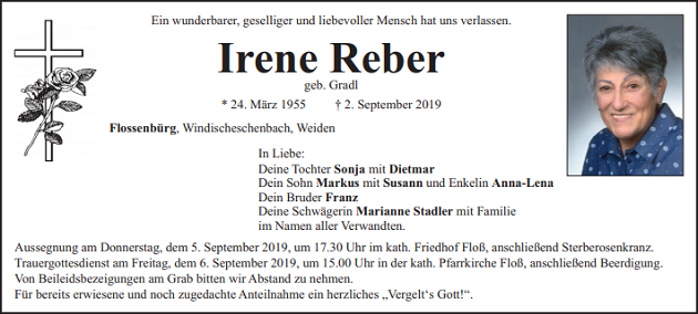 Traueranzeige Irene Reber Flossenbürg
