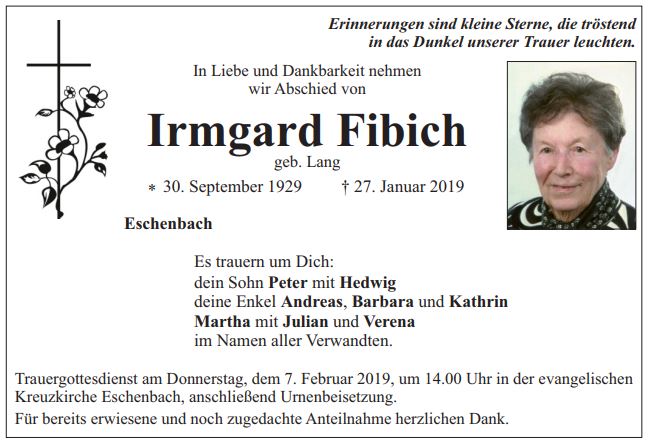 Traueranzeige Irmgard Fibich Eschenbach