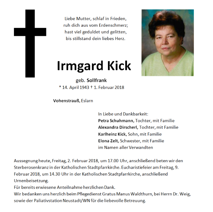 Traueranzeige Irmgard Kick Vohenstrauß