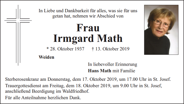 Traueranzeige Irmgard Math Weiden