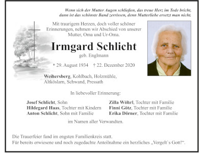 Traueranzeige Irmgard Schlicht, Weihersberg 400x300