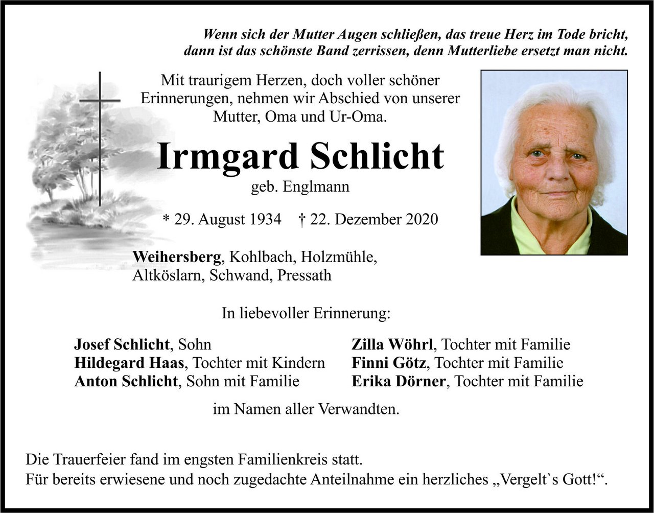 Traueranzeige Irmgard Schlicht, Weihersberg