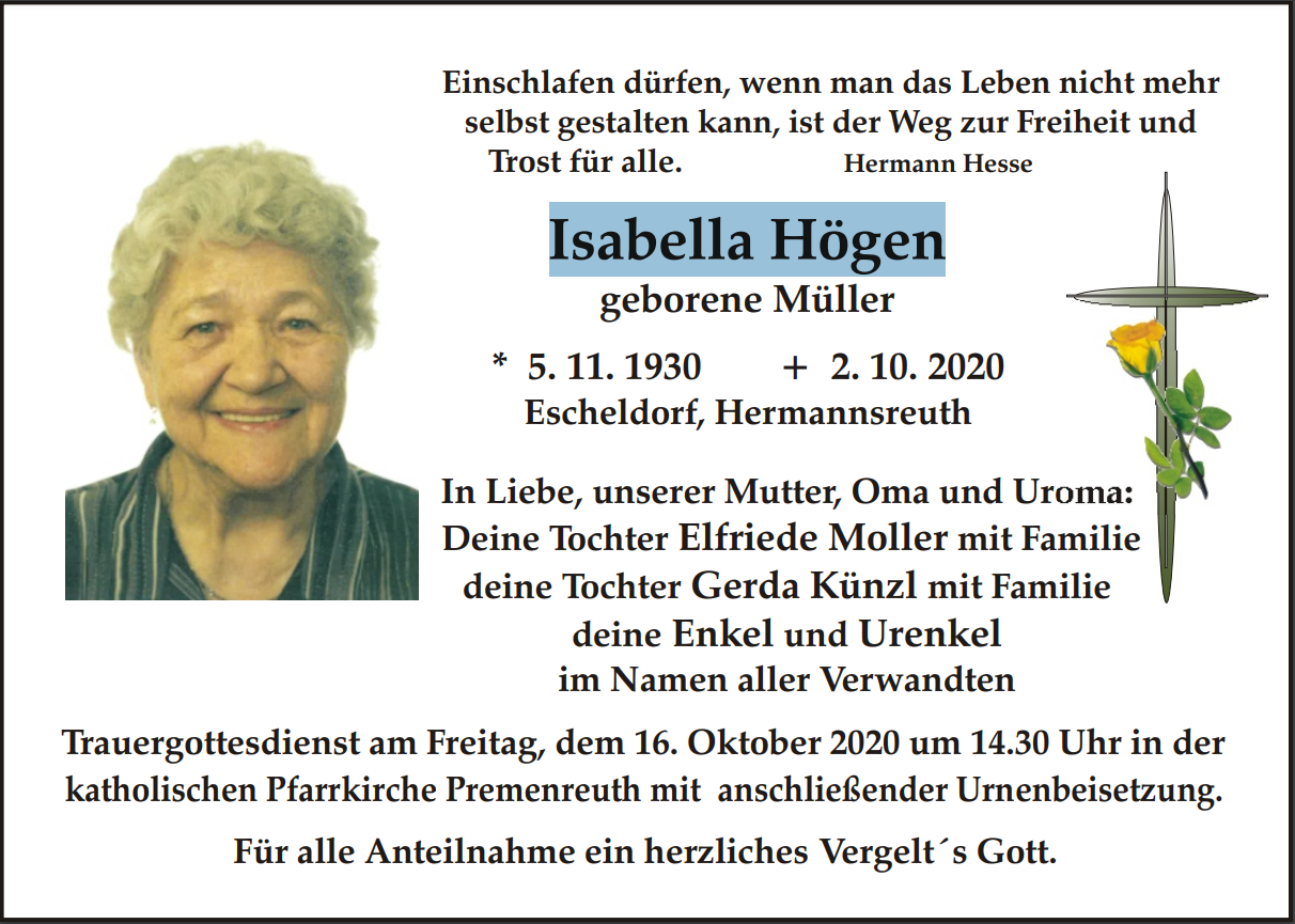 Traueranzeige Isabella Högen, Escheldorf, Hermannsreuth