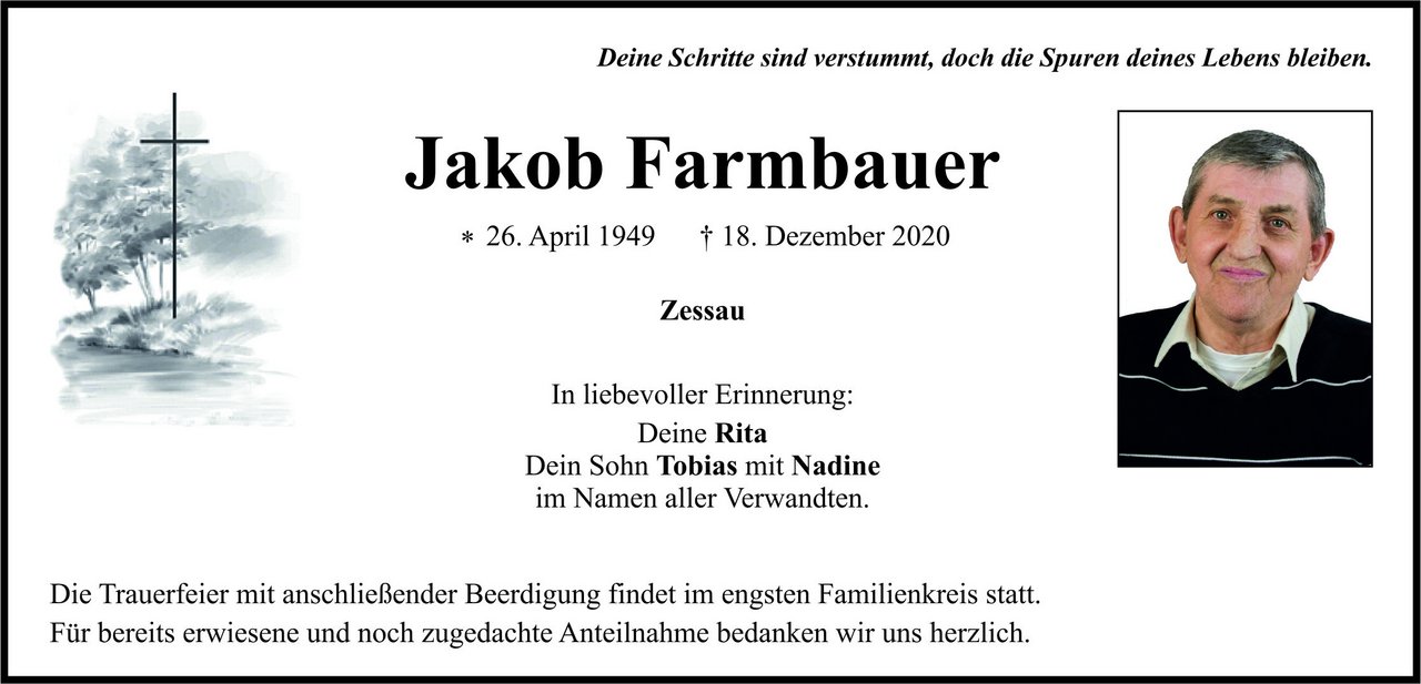 Traueranzeige Jakob Farmbauer, Zessau