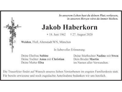 Traueranzeige Jakob Haberkorn, Weiden Floß Altenstadt 400 300