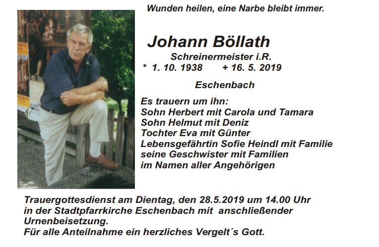 Traueranzeige Johann Böllath