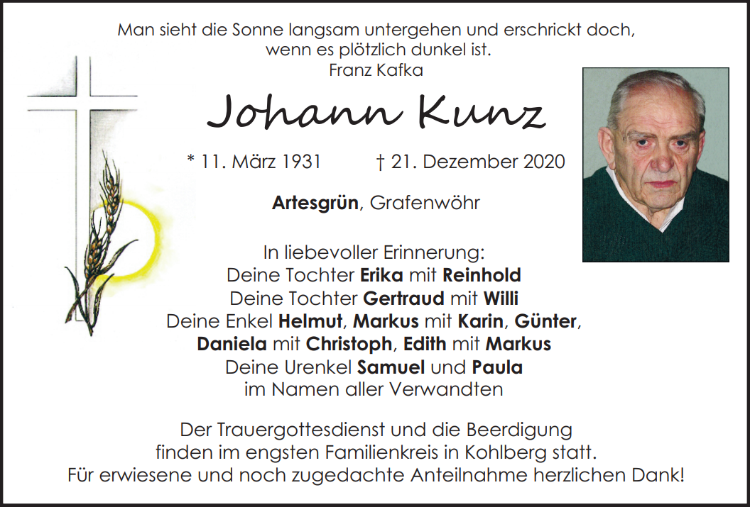 Traueranzeige Johann Kunz, Artesgrün
