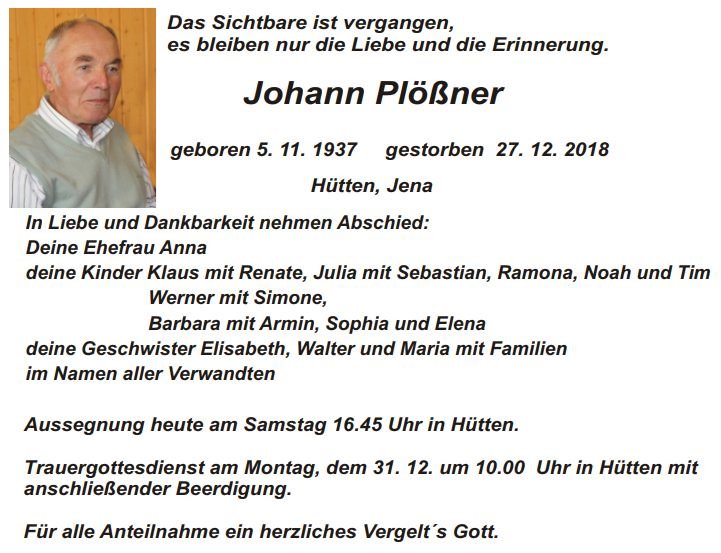 Traueranzeige Johann Plößner Hütten