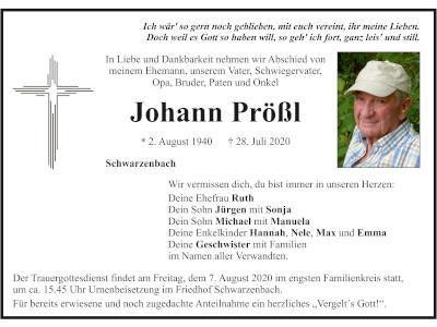 Traueranzeige Johann Prößl Schwarzenbach 400