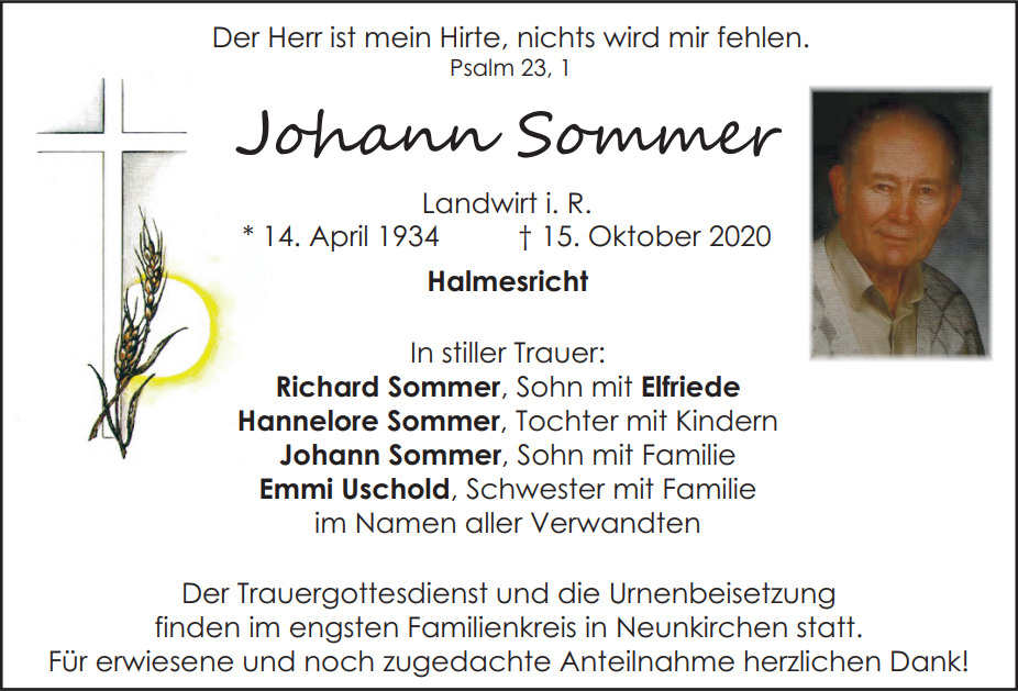 Traueranzeige Johann Sommer, Halmesricht