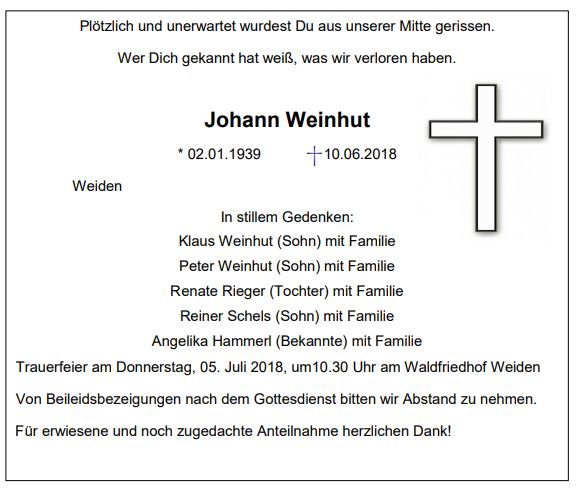Traueranzeige Johann Weinhut Weiden