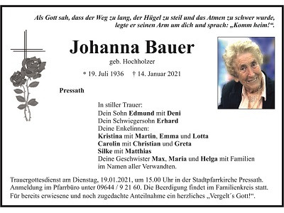 Traueranzeige Johanna Bauer Pressath 400x300