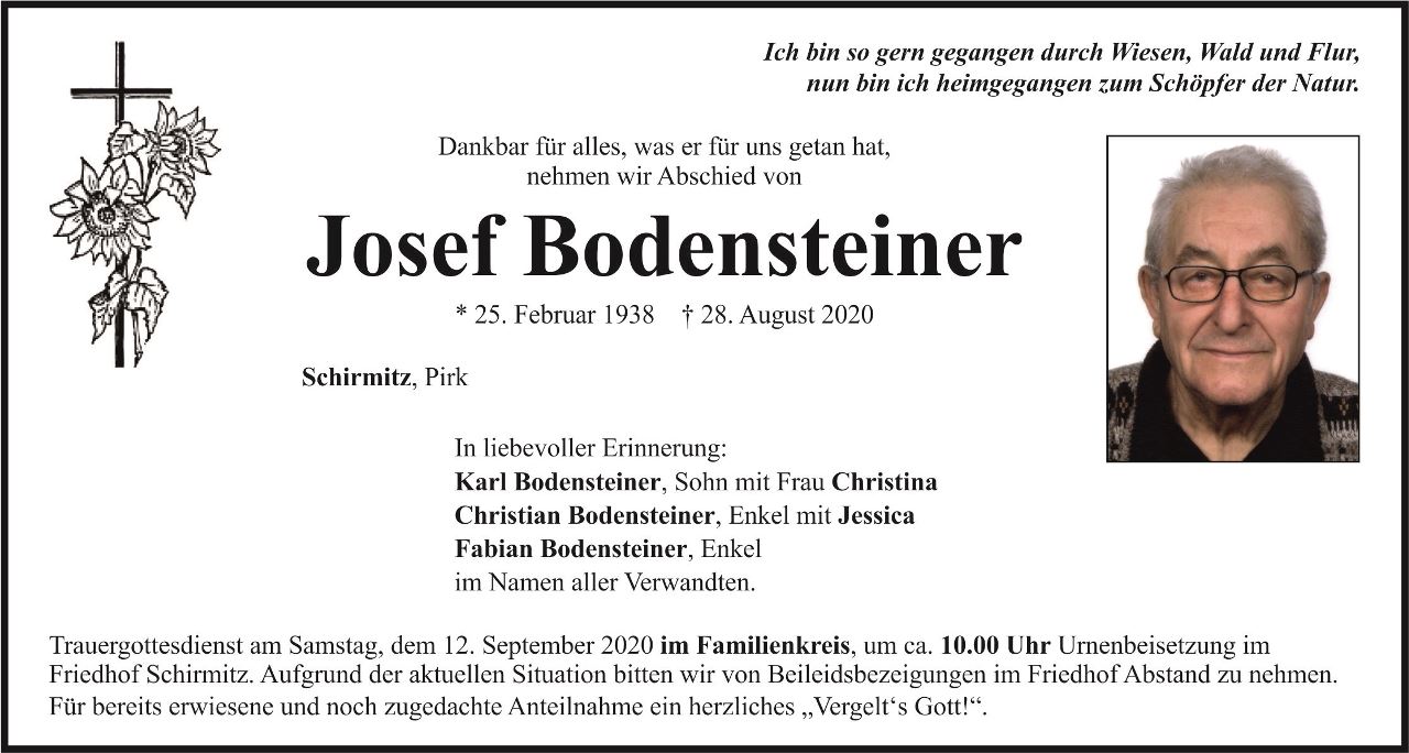 Traueranzeige Josef Bodensteiner, Schirmitz Pirk