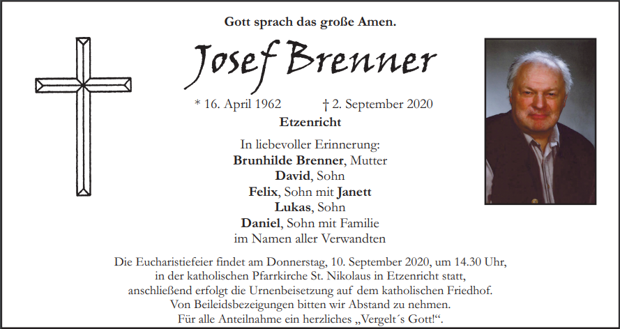 Traueranzeige Josef Brenner Etzenricht
