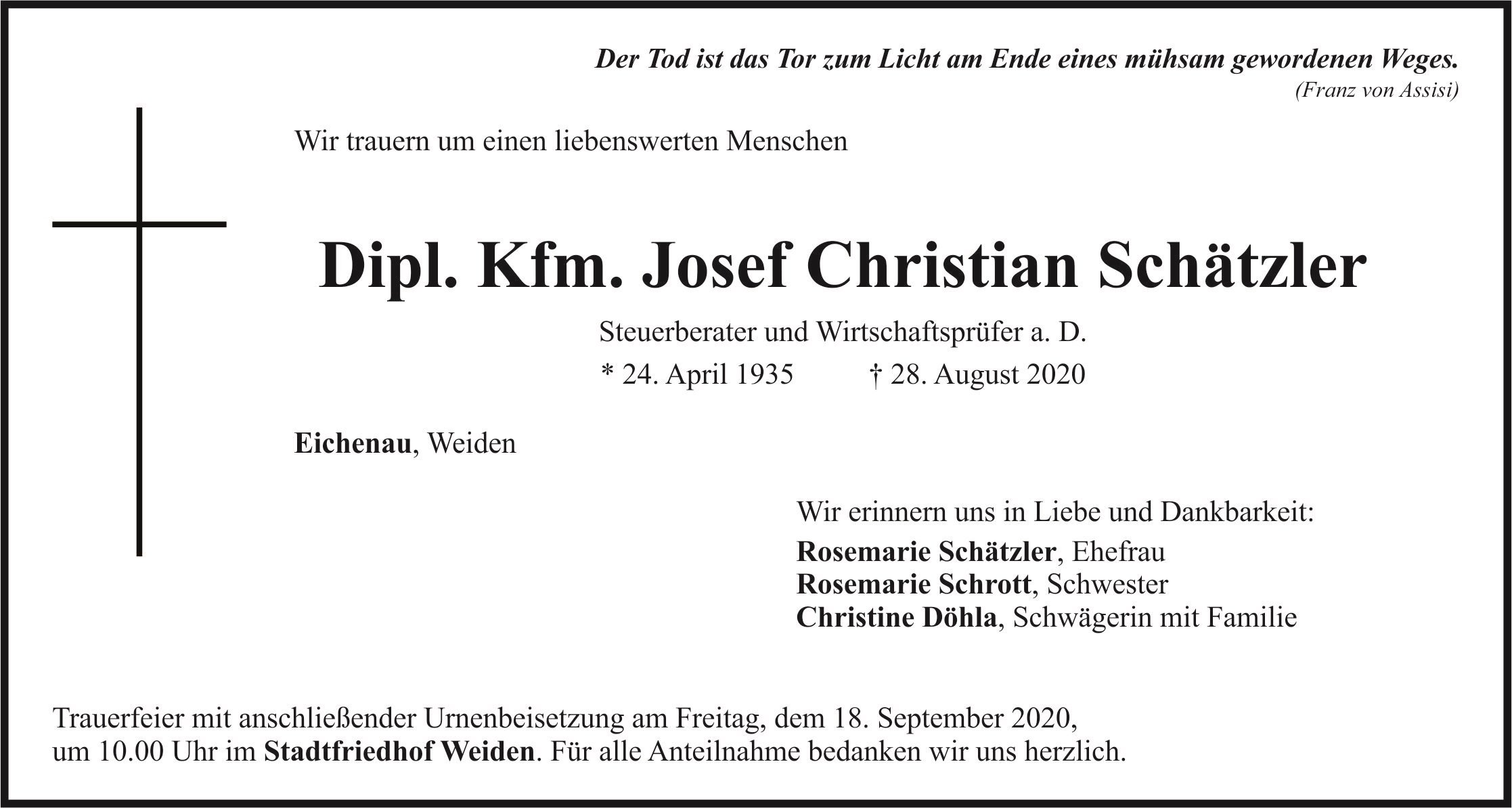 Traueranzeige Josef Christian Schätzler, Eichenau