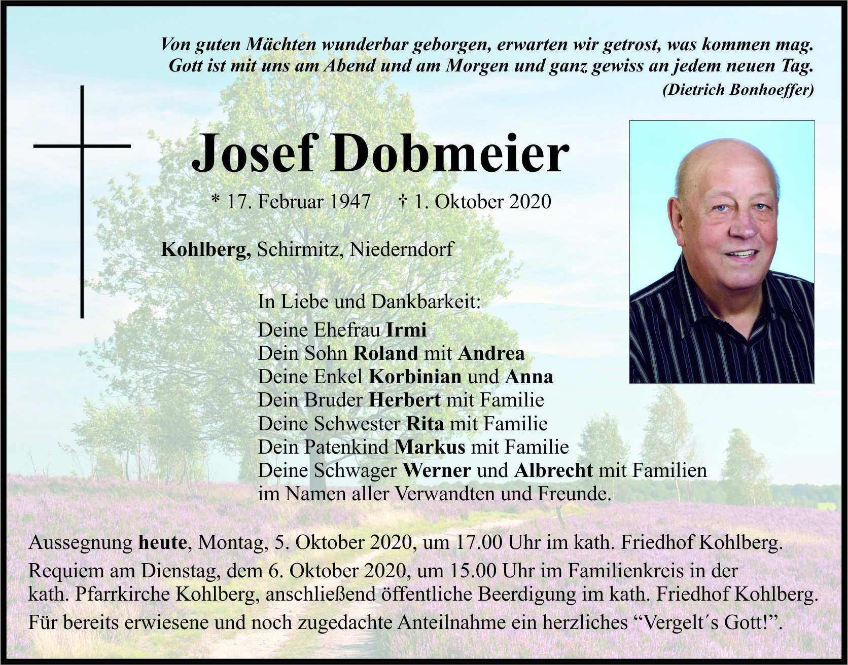 Traueranzeige Josef Dobmeier, Kohlberg