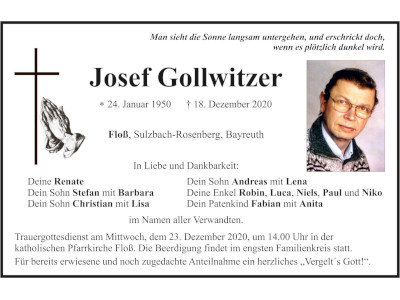 Traueranzeige Josef Gollwitzer, Floß 400x300
