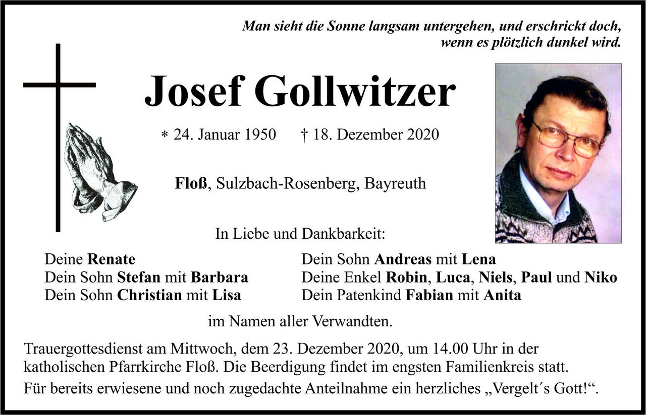 Traueranzeige Josef Gollwitzer, Floß