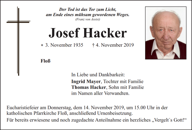 Traueranzeige Josef Hacker Floß