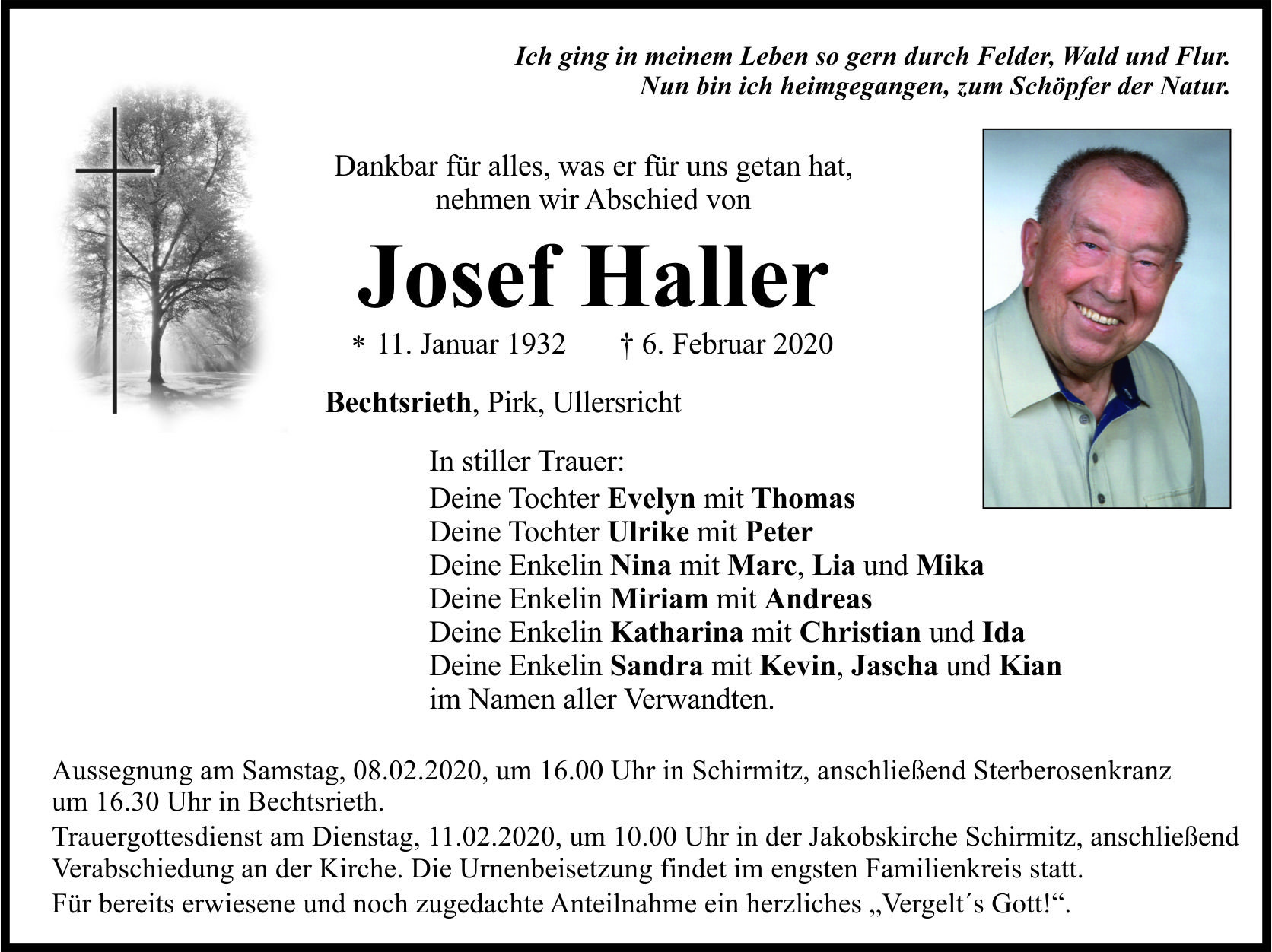 Traueranzeige Josef Haller, Bechtsrieth