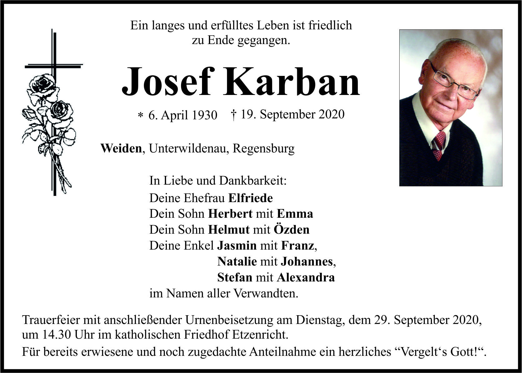 Traueranzeige Josef Karban, Weiden