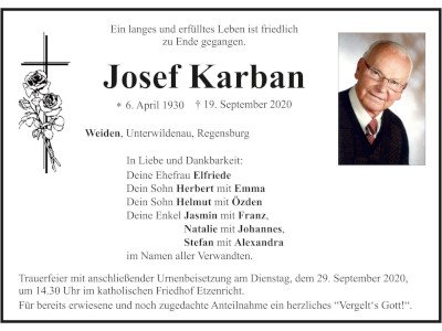 Traueranzeige Josef Karban, Weiden400x300