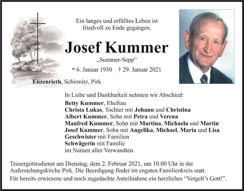 Traueranzeige Josef Kummer, Enzenrieth, Schirmitz, Pirk