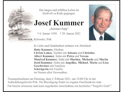 Traueranzeige Josef Kummer, Enzenrieth, Schirmitz, Pirk 400 300