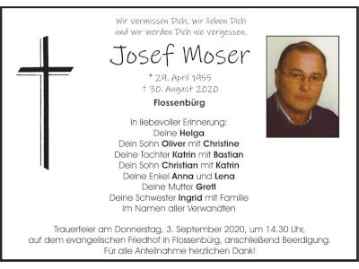 Traueranzeige Josef Moser, Flossenbürg 400 300