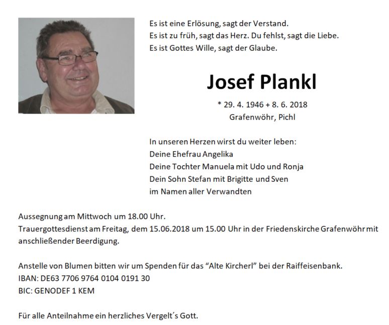 Traueranzeige Josef Plankl Grafenwöhr