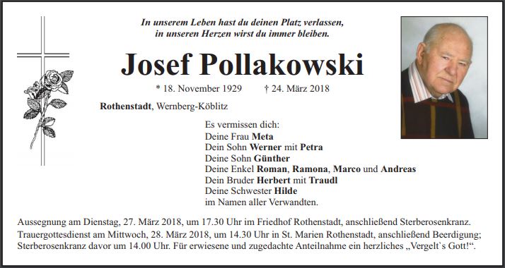 Traueranzeige Josef Pollakowski Rothenstadt