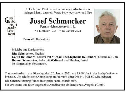 Traueranzeige Josef Schmucker Pressath 400x300