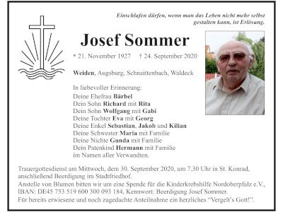 Traueranzeige Josef Sommer, Weiden 400x300