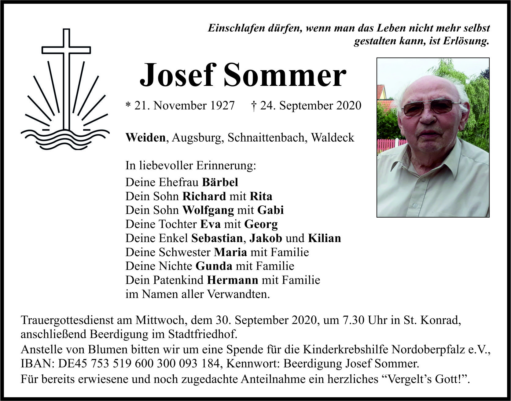 Traueranzeige Josef Sommer, Weiden