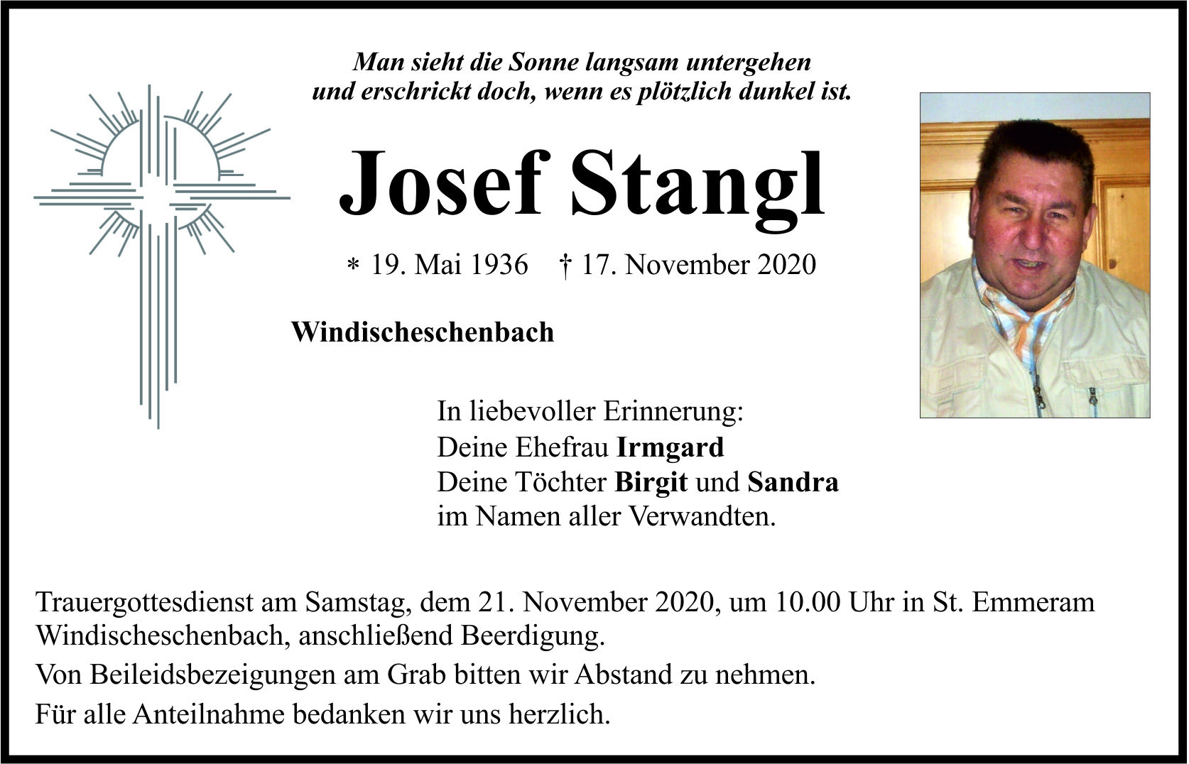 Traueranzeige Josef Stangl, Windischeschenbach