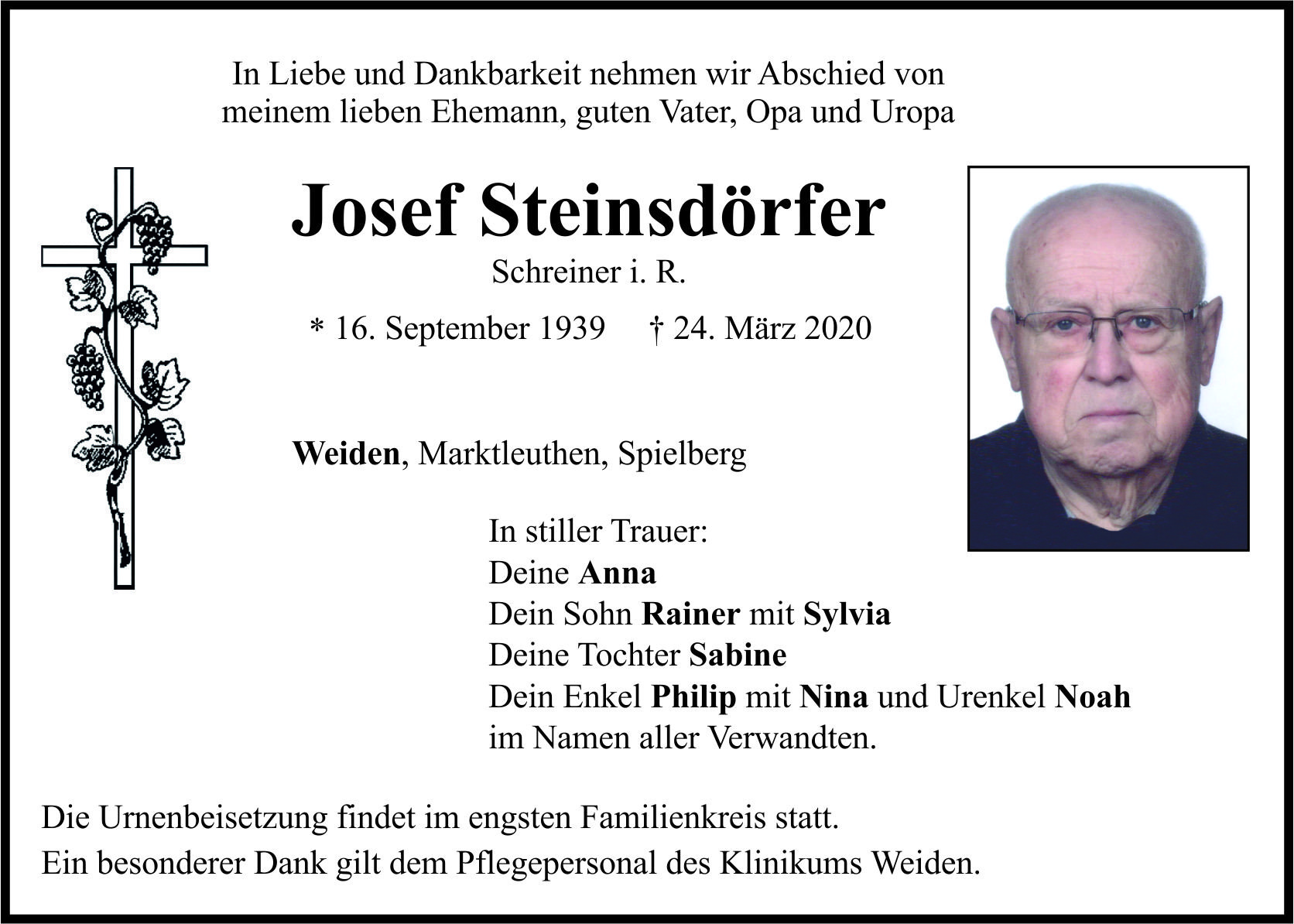 Traueranzeige Josef Steinsdörfer