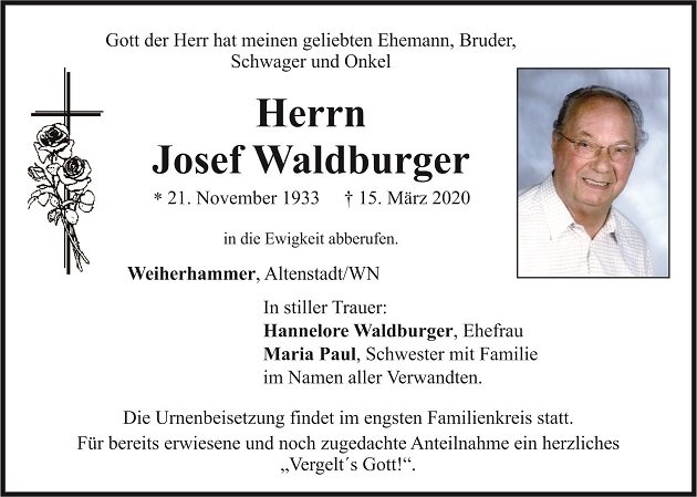 Traueranzeige Josef Waldburger Weiherhammer
