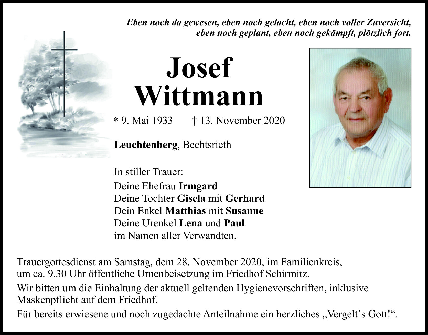 Traueranzeige Josef Wittmann, Leuchtenberg