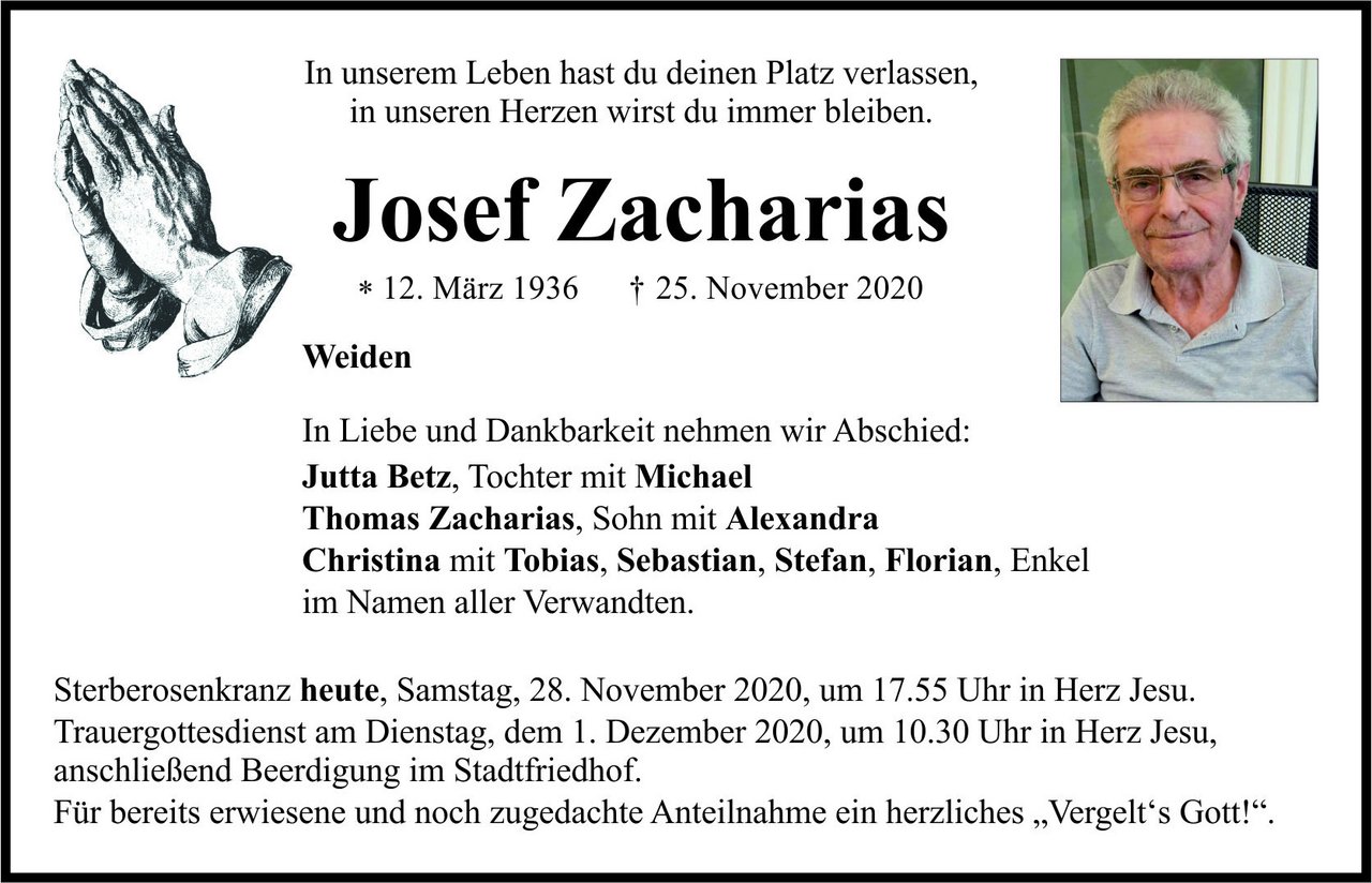 Traueranzeige Josef Zacharias, Weiden