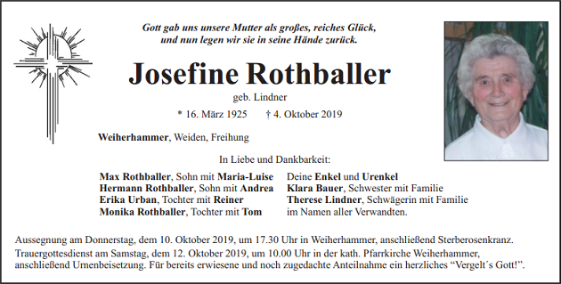 Traueranzeige Josefine Rothballer Weiherhammer