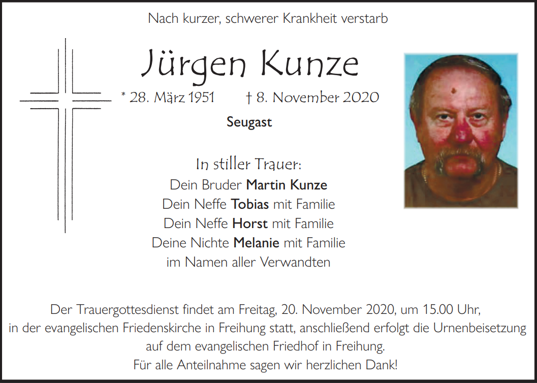 Traueranzeige Jürgen Kunze, Seugast