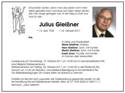 Traueranzeige Julius Gleißner Pirk