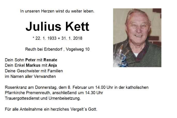 Traueranzeige Julius Kett Reuth bei Erbendorf