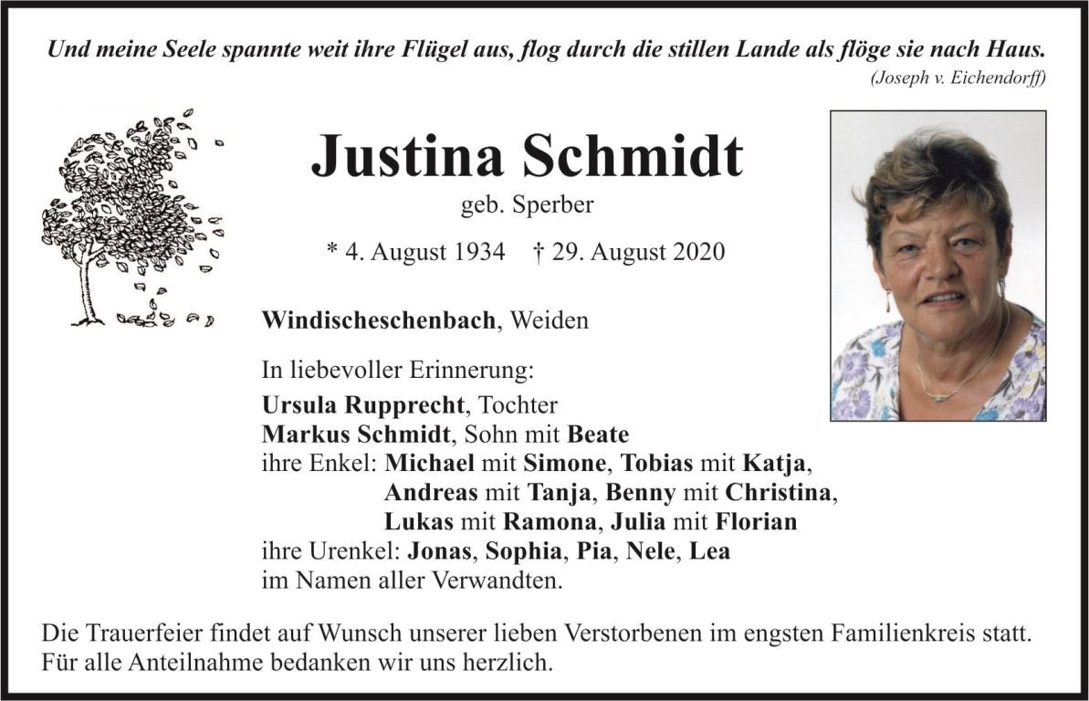 Traueranzeige Justina Schmidt, Windischeschenbach Weiden