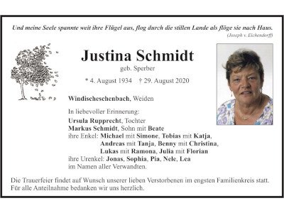 Traueranzeige Justina Schmidt, Windischeschenbach Weiden 400 300