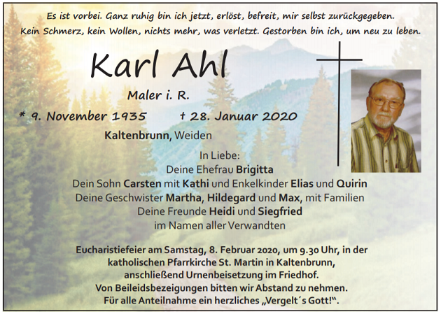 Traueranzeige Karl Ahl Kaltenbrunn
