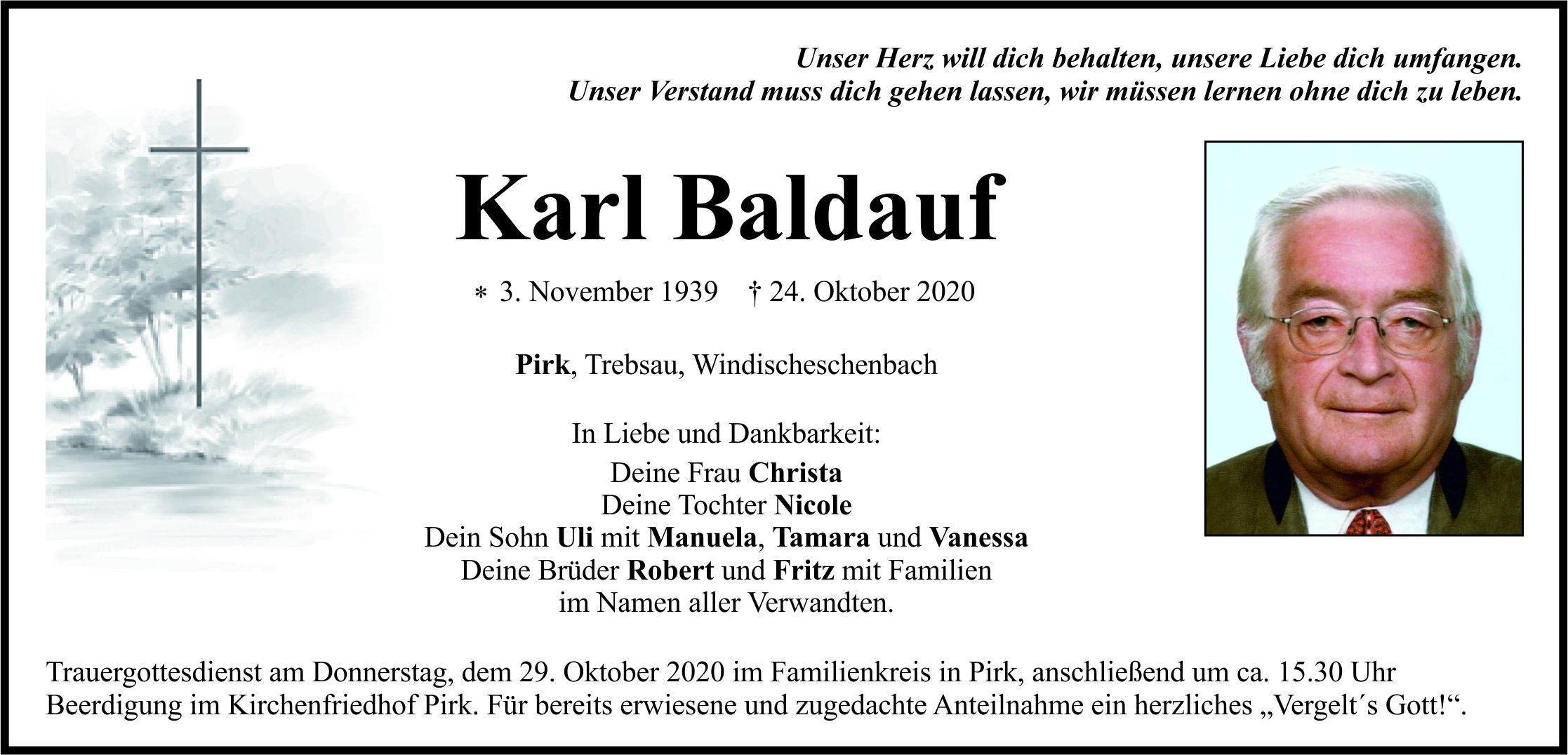Traueranzeige Karl Baldauf, Pirk