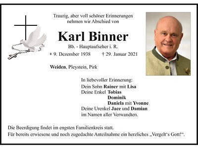 Traueranzeige Karl Binner Weiden 400x300